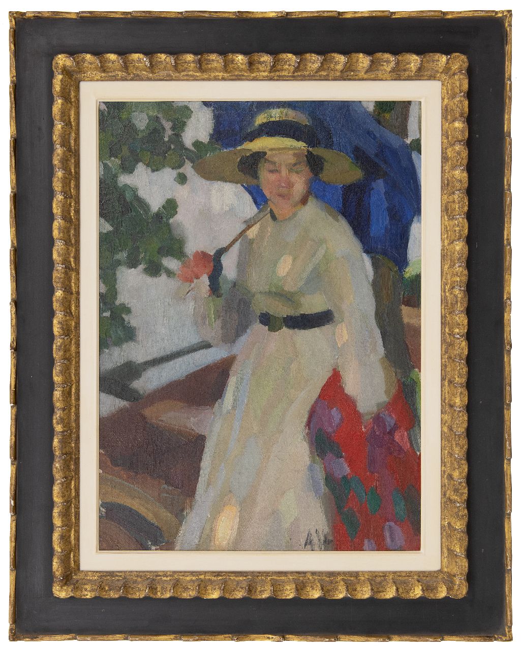 Höfer A. | Adolf Höfer, Vrouw met strohoed en parasol, olieverf op doek op board 63,3 x 45,8 cm, gesigneerd rechts van het midden. met initialen en te dateren ca. 1910 Höfer A. | Adolf Höfer, Vrouw met strohoed en parasol, olieverf op doek op board 63,3 x 45,8 cm, gesigneerd rechts van het midden. met initialen en te dateren ca. 1910