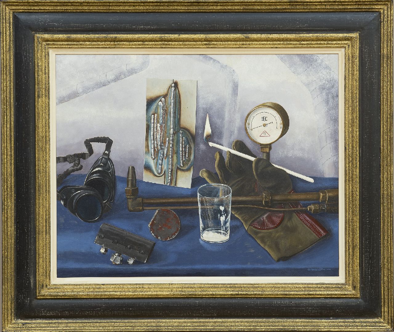 Postma C.J. | Cornelis Johannes 'Kor' Postma | Schilderijen te koop aangeboden | Stilleven met lasattributen, olieverf op papier 38,0 x 47,9 cm, gesigneerd rechtsonder en te dateren ca. 1956 Postma C.J. | Cornelis Johannes 'Kor' Postma | Schilderijen te koop aangeboden | Stilleven met lasattributen, olieverf op papier 38,0 x 47,9 cm, gesigneerd rechtsonder en te dateren ca. 1956