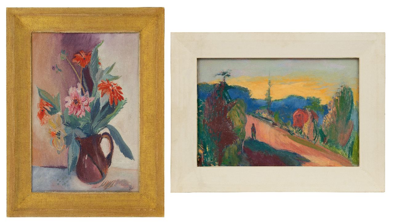 Wiegers J. | Jan Wiegers | Schilderijen te koop aangeboden | Zwitsers landschap; verso: Bloemstilleven, olieverf op doek 40,4 x 60,3 cm, gesigneerd verso met initialen en te dateren eind jaren 20 Wiegers J. | Jan Wiegers | Schilderijen te koop aangeboden | Zwitsers landschap; verso: Bloemstilleven, olieverf op doek 40,4 x 60,3 cm, gesigneerd verso met initialen en te dateren eind jaren 20