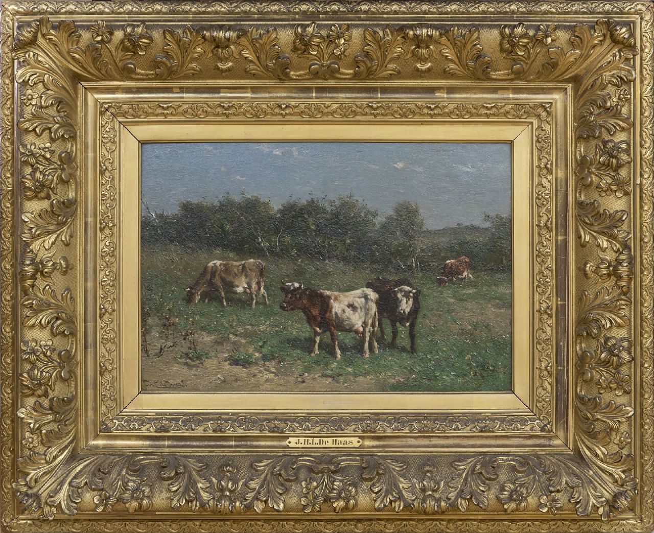Haas J.H.L. de | Johannes Hubertus Leonardus de Haas | Schilderijen te koop aangeboden | Grazende koeien in duinlandschap, olieverf op papier op paneel 31,4 x 47,2 cm, gesigneerd linksonder Haas J.H.L. de | Johannes Hubertus Leonardus de Haas | Schilderijen te koop aangeboden | Grazende koeien in duinlandschap, olieverf op papier op paneel 31,4 x 47,2 cm, gesigneerd linksonder