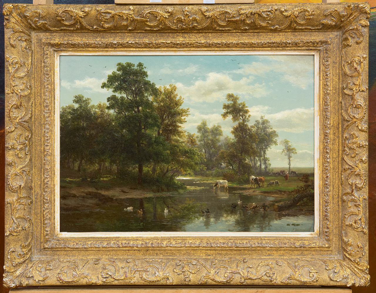 Immerzeel C.  | Christiaan Immerzeel, Bosbeek met drinkend vee, olieverf op paneel 33,5 x 47,2 cm, gesigneerd rechtsonder
