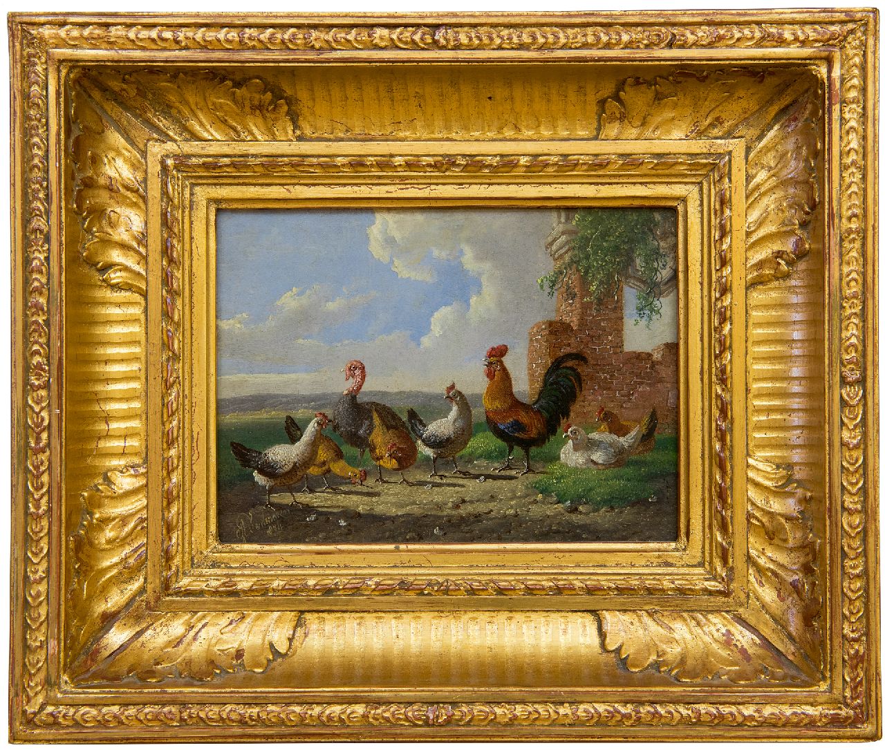 Verhoesen A. | Albertus Verhoesen, Een kalkoen, haan en kippen in een landschap, olieverf op paneel 13,0 x 17,6 cm, gesigneerd linksonder en gedateerd 1874 Verhoesen A. | Albertus Verhoesen, Een kalkoen, haan en kippen in een landschap, olieverf op paneel 13,0 x 17,6 cm, gesigneerd linksonder en gedateerd 1874