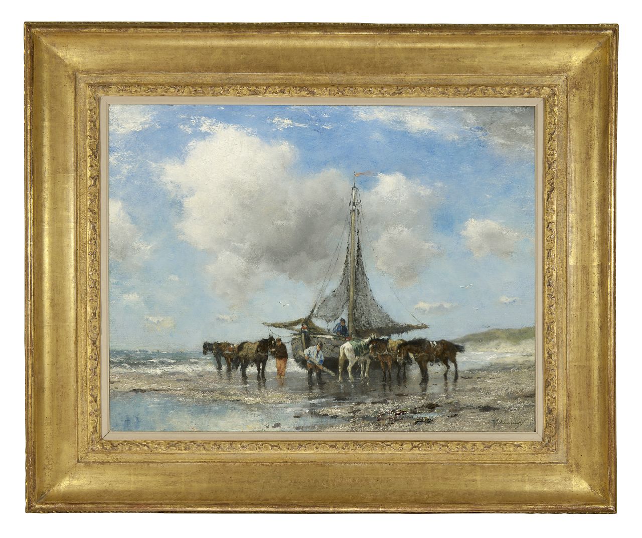 Scherrewitz J.F.C. | Johan Frederik Cornelis Scherrewitz, Visserspink en trekpaarden op het strand, olieverf op doek 50,8 x 66,1 cm, gesigneerd rechtsonder Scherrewitz J.F.C. | Johan Frederik Cornelis Scherrewitz, Visserspink en trekpaarden op het strand, olieverf op doek 50,8 x 66,1 cm, gesigneerd rechtsonder