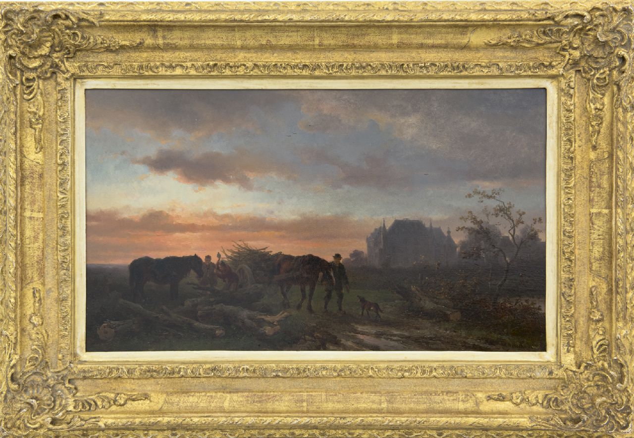 Verschuur W. | Wouterus Verschuur, Avondlandschap met houthakkers en hun paarden, olieverf op paneel 26,2 x 46,0 cm, gesigneerd rechtsonder Verschuur W. | Wouterus Verschuur, Avondlandschap met houthakkers en hun paarden, olieverf op paneel 26,2 x 46,0 cm, gesigneerd rechtsonder