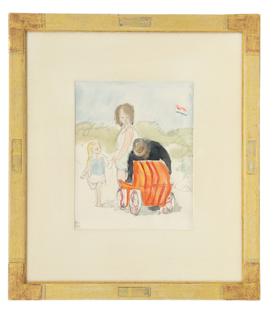 Kamerlingh Onnes H.H.  | 'Harm' Henrick Kamerlingh Onnes | Aquarellen en tekeningen te koop aangeboden | Familie op Terschelling, potlood en aquarel op papier 18,8 x 16,2 cm, gesigneerd linksonder met monogram en gedateerd '60