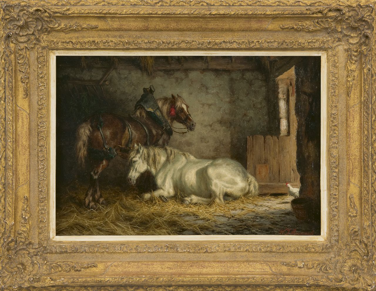 Boogaard W.J. | Willem Johan Boogaard | Schilderijen te koop aangeboden | Rustende paarden in een stal, olieverf op paneel 27,5 x 40,0 cm, gesigneerd rechtsonder Boogaard W.J. | Willem Johan Boogaard | Schilderijen te koop aangeboden | Rustende paarden in een stal, olieverf op paneel 27,5 x 40,0 cm, gesigneerd rechtsonder