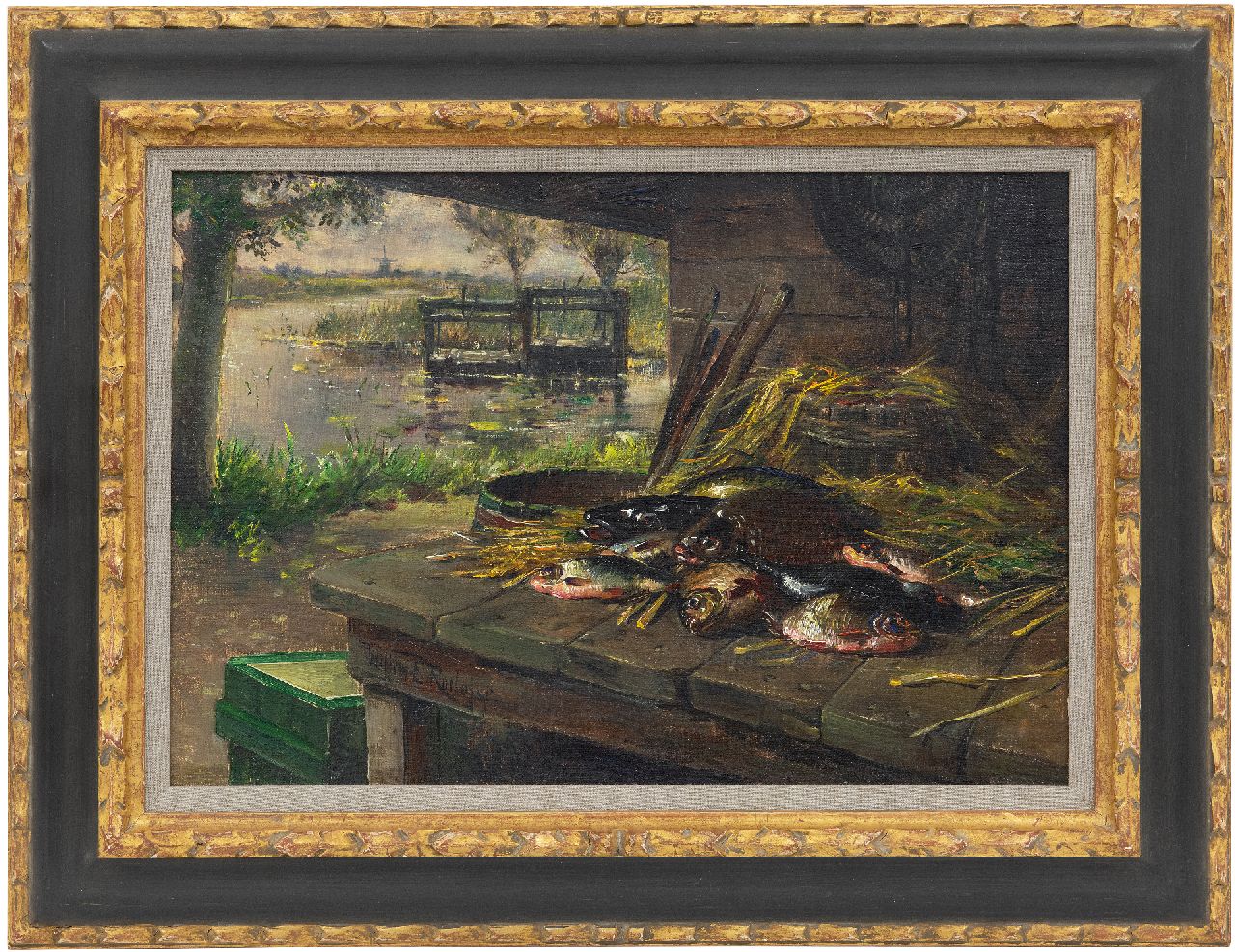 Roelofs jr. W.E. | Willem Elisa Roelofs jr., Oude vismijn aan het water, olieverf op doek 31,5 x 46,0 cm, gesigneerd linksonder op rand van de tafel Roelofs jr. W.E. | Willem Elisa Roelofs jr., Oude vismijn aan het water, olieverf op doek 31,5 x 46,0 cm, gesigneerd linksonder op rand van de tafel