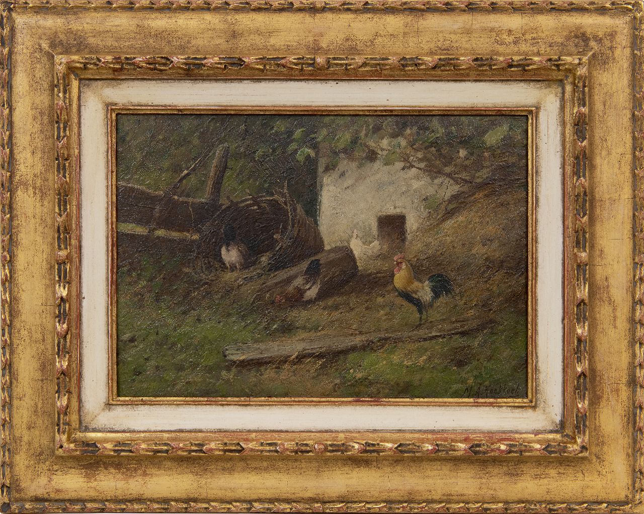 Koekkoek II M.A. | Marinus Adrianus Koekkoek II | Schilderijen te koop aangeboden | Haan en kippen bij een broedkorf, olieverf op doek 24,4 x 34,5 cm, gesigneerd rechtsonder Koekkoek II M.A. | Marinus Adrianus Koekkoek II | Schilderijen te koop aangeboden | Haan en kippen bij een broedkorf, olieverf op doek 24,4 x 34,5 cm, gesigneerd rechtsonder