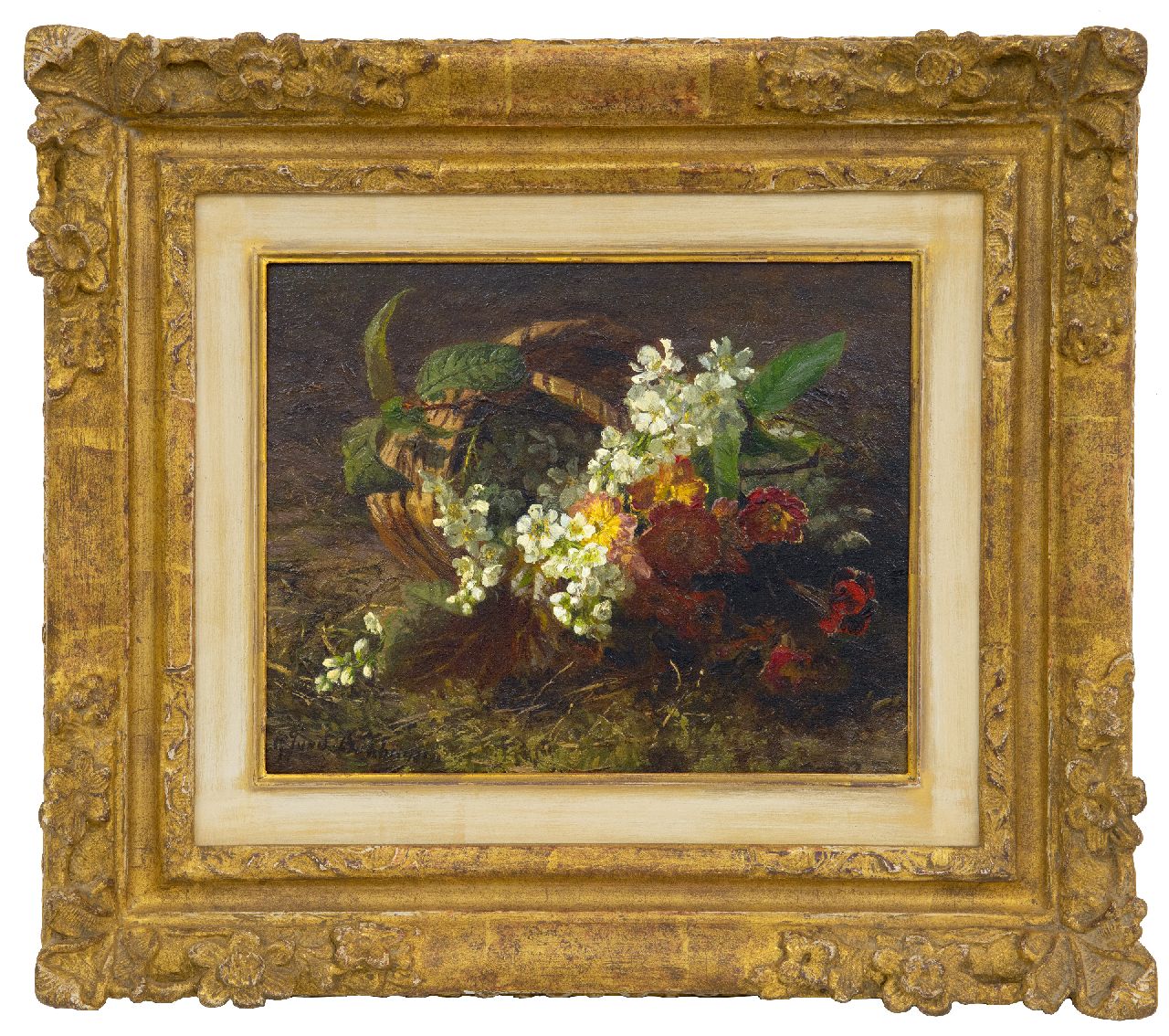 Sande Bakhuyzen G.J. van de | 'Gerardine' Jacoba van de Sande Bakhuyzen | Schilderijen te koop aangeboden | Stilleven met kersenbloesem en primula's, olieverf op paneel 20,8 x 26,1 cm, gesigneerd linksonder Sande Bakhuyzen G.J. van de | 'Gerardine' Jacoba van de Sande Bakhuyzen | Schilderijen te koop aangeboden | Stilleven met kersenbloesem en primula's, olieverf op paneel 20,8 x 26,1 cm, gesigneerd linksonder