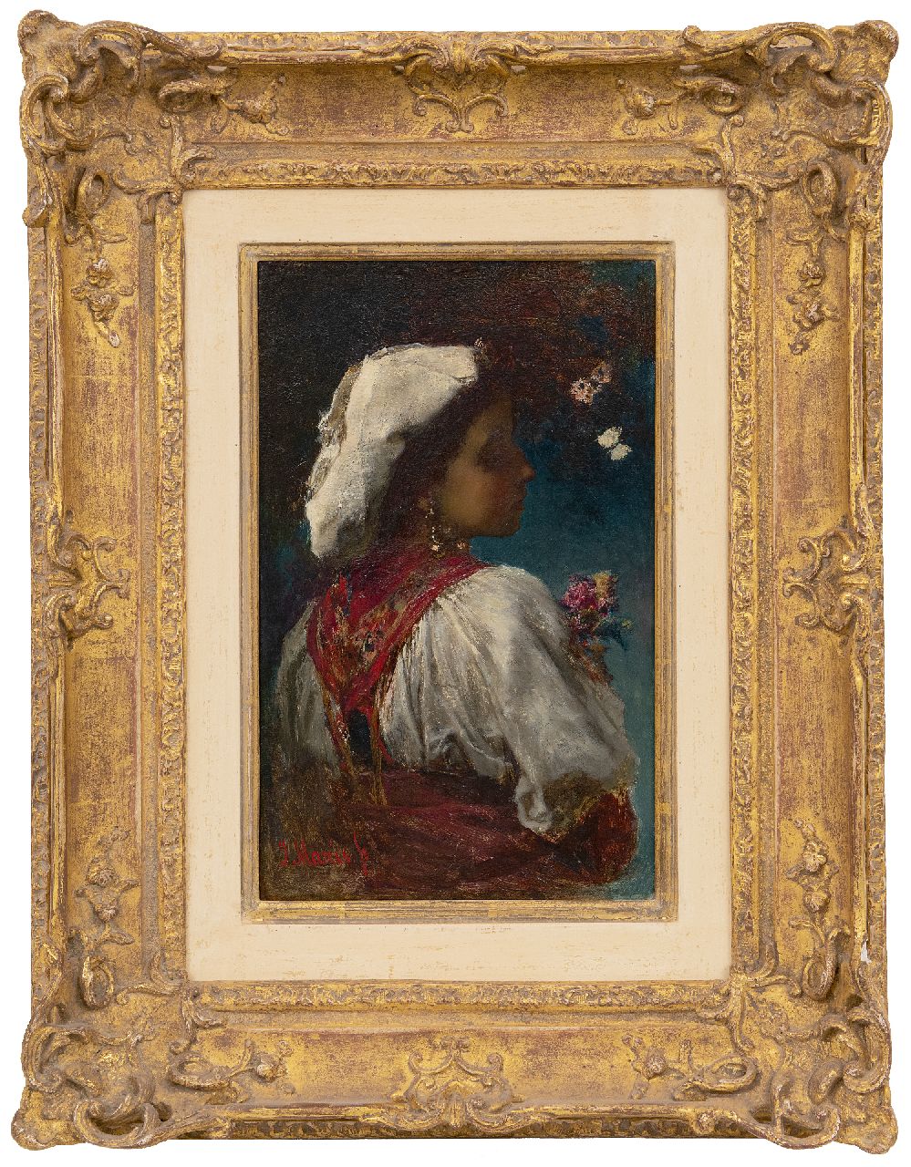Maris J.H. | Jacobus Hendricus 'Jacob' Maris, Italienne met bloemen en vlinders, olieverf op paneel 33,0 x 20,9 cm, gesigneerd linksonder en te dateren ca. 1866-1868 Maris J.H. | Jacobus Hendricus 'Jacob' Maris, Italienne met bloemen en vlinders, olieverf op paneel 33,0 x 20,9 cm, gesigneerd linksonder en te dateren ca. 1866-1868