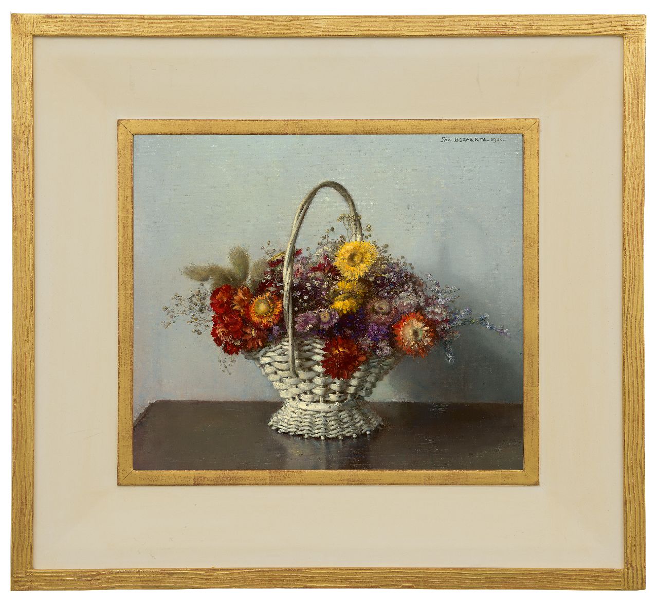 Bogaerts J.J.M. | Johannes Jacobus Maria 'Jan' Bogaerts | Schilderijen te koop aangeboden | Droogbloemen in een mandje, olieverf op doek 35,0 x 40,0 cm, gesigneerd rechtsboven en gedateerd 1950 Bogaerts J.J.M. | Johannes Jacobus Maria 'Jan' Bogaerts | Schilderijen te koop aangeboden | Droogbloemen in een mandje, olieverf op doek 35,0 x 40,0 cm, gesigneerd rechtsboven en gedateerd 1950