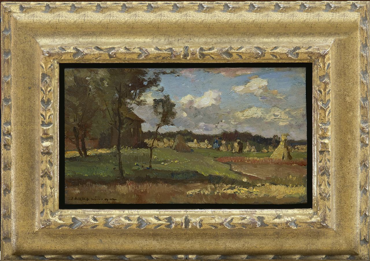 Akkeringa J.E.H. | 'Johannes Evert' Hendrik Akkeringa, Oogsttijd, olieverf op paneel 12,5 x 22,0 cm, gesigneerd linksonder Akkeringa J.E.H. | 'Johannes Evert' Hendrik Akkeringa, Oogsttijd, olieverf op paneel 12,5 x 22,0 cm, gesigneerd linksonder