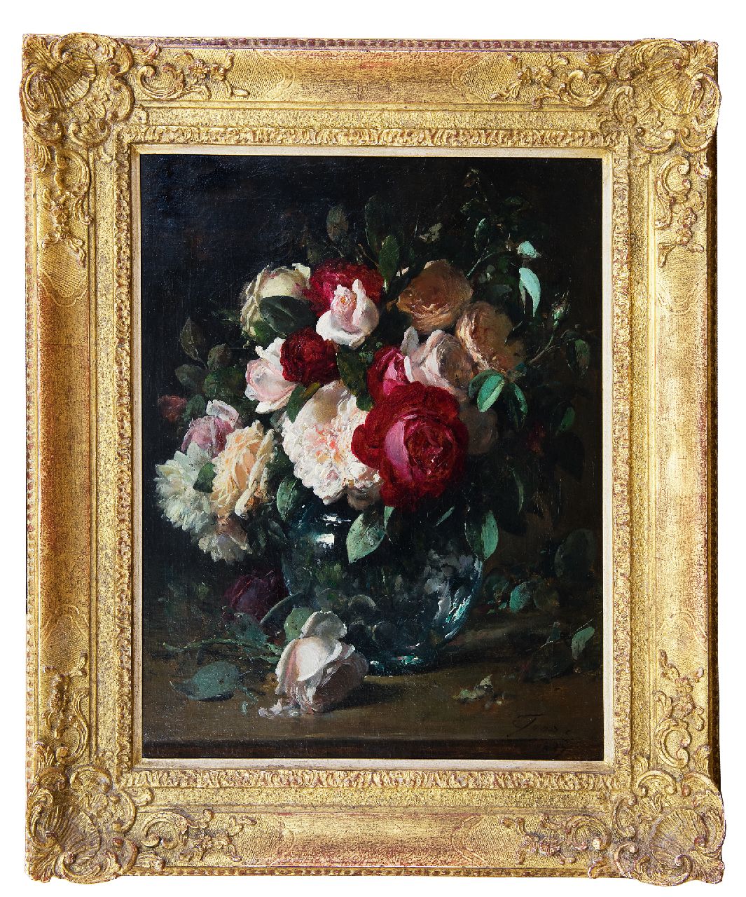 Joors E.  | Eugeen Joors | Schilderijen te koop aangeboden | Rozen in een glazen vaas, olieverf op doek 45,5 x 35,6 cm, gesigneerd rechtsonder en gedateerd 1887