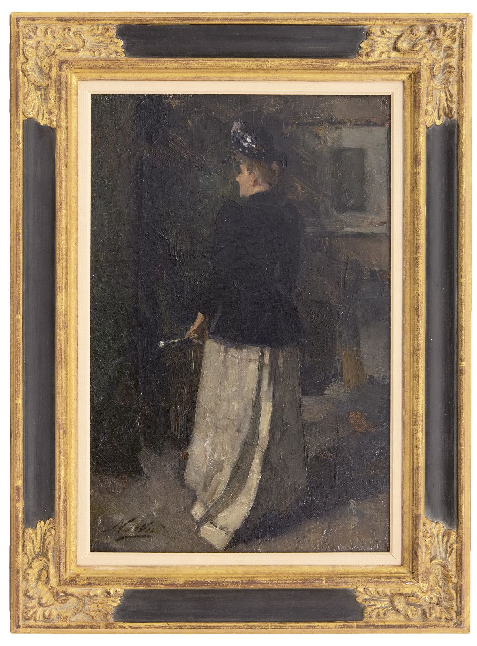 Waay N. van der | Nicolaas van der Waay, Jonge vrouw in rijkostuum, olieverf op doek 42,0 x 28,3 cm, gesigneerd linksonder Waay N. van der | Nicolaas van der Waay, Jonge vrouw in rijkostuum, olieverf op doek 42,0 x 28,3 cm, gesigneerd linksonder