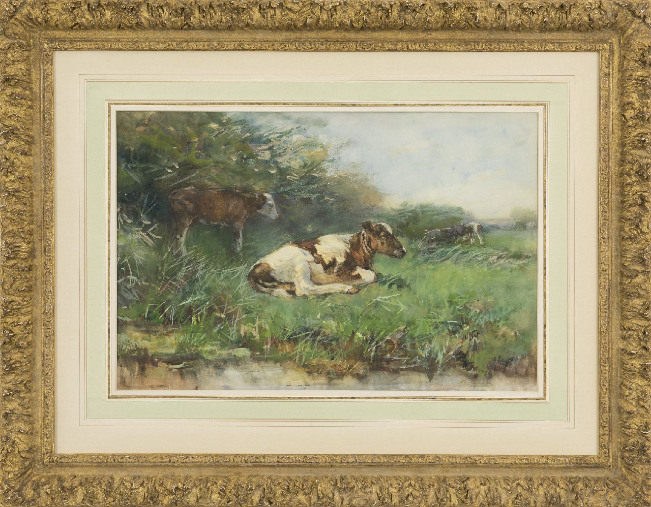 Nat W.H. van der | 'Willem' Hendrik van der Nat, Kalfjes in de wei, aquarel op papier 33,3 x 49,6 cm, gesigneerd rechtsonder