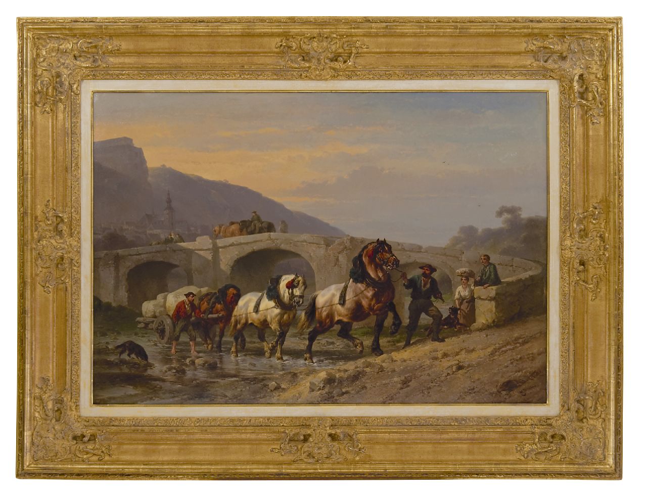 Verschuur W. | Wouterus Verschuur, Werkpaarden bij een brug, olieverf op paneel 69,0 x 100,5 cm, gesigneerd rechtsonder Verschuur W. | Wouterus Verschuur, Werkpaarden bij een brug, olieverf op paneel 69,0 x 100,5 cm, gesigneerd rechtsonder