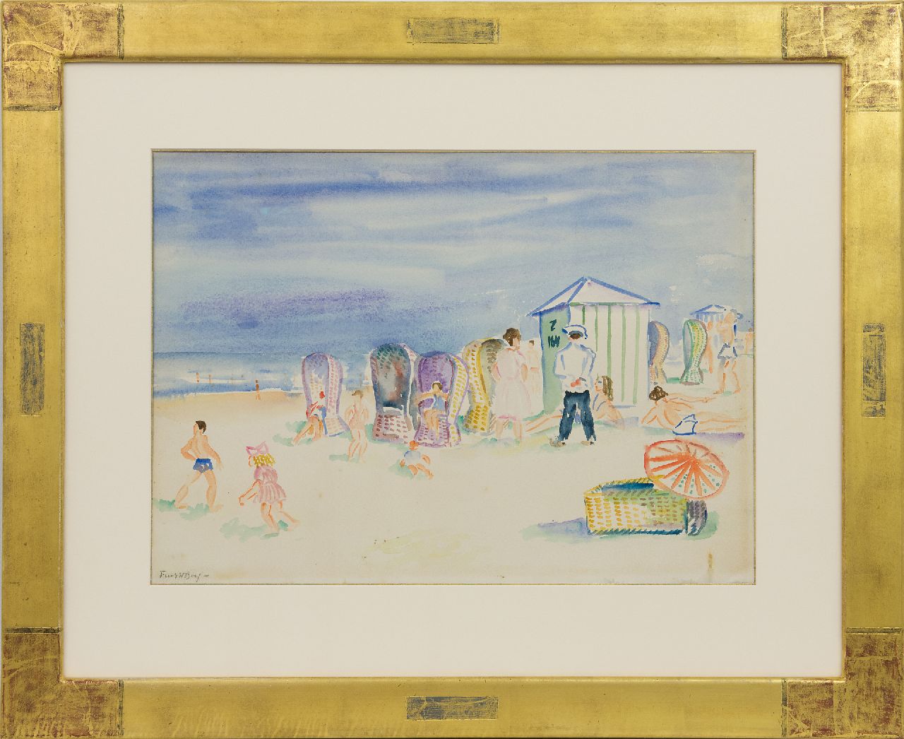 Berg J.F. van den | Johannes Fredericus 'Freek' van den Berg, Strandgezicht met figuren, aquarel op papier 38,2 x 54,5 cm, gesigneerd l.o