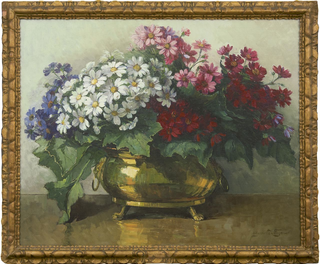 Slager J.J.M. | 'Jeanette' Josephia Maria Slager, Cineraria's in koperen pot, olieverf op doek 80,8 x 100,6 cm, gesigneerd rechtsonder Slager J.J.M. | 'Jeanette' Josephia Maria Slager, Cineraria's in koperen pot, olieverf op doek 80,8 x 100,6 cm, gesigneerd rechtsonder