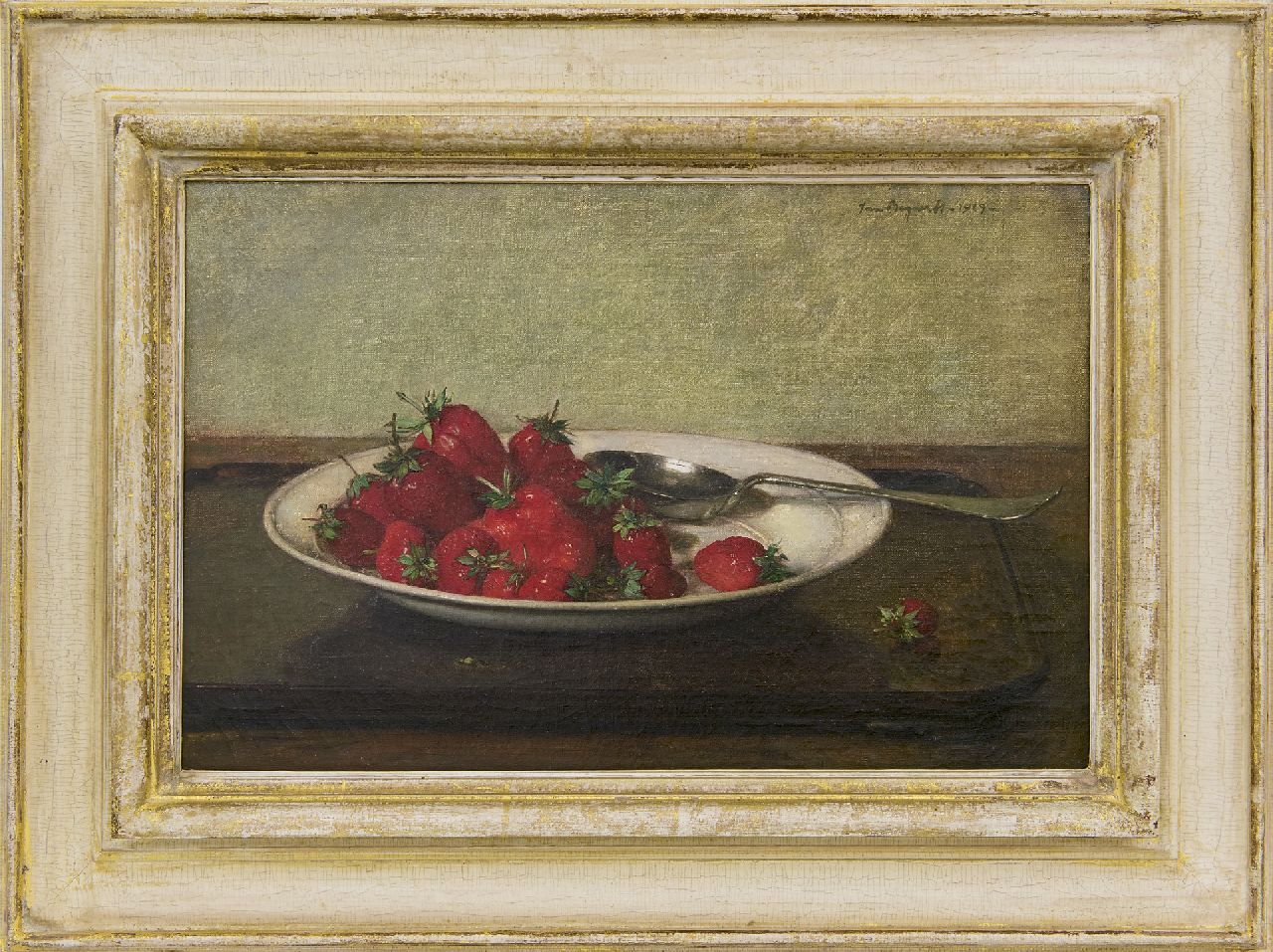 Bogaerts J.J.M. | Johannes Jacobus Maria 'Jan' Bogaerts, Stilleven met aardbeien op een aardewerken bord, olieverf op doek 27,1 x 41,4 cm, gesigneerd rechtsboven en gedateerd 1929 Bogaerts J.J.M. | Johannes Jacobus Maria 'Jan' Bogaerts, Stilleven met aardbeien op een aardewerken bord, olieverf op doek 27,1 x 41,4 cm, gesigneerd rechtsboven en gedateerd 1929