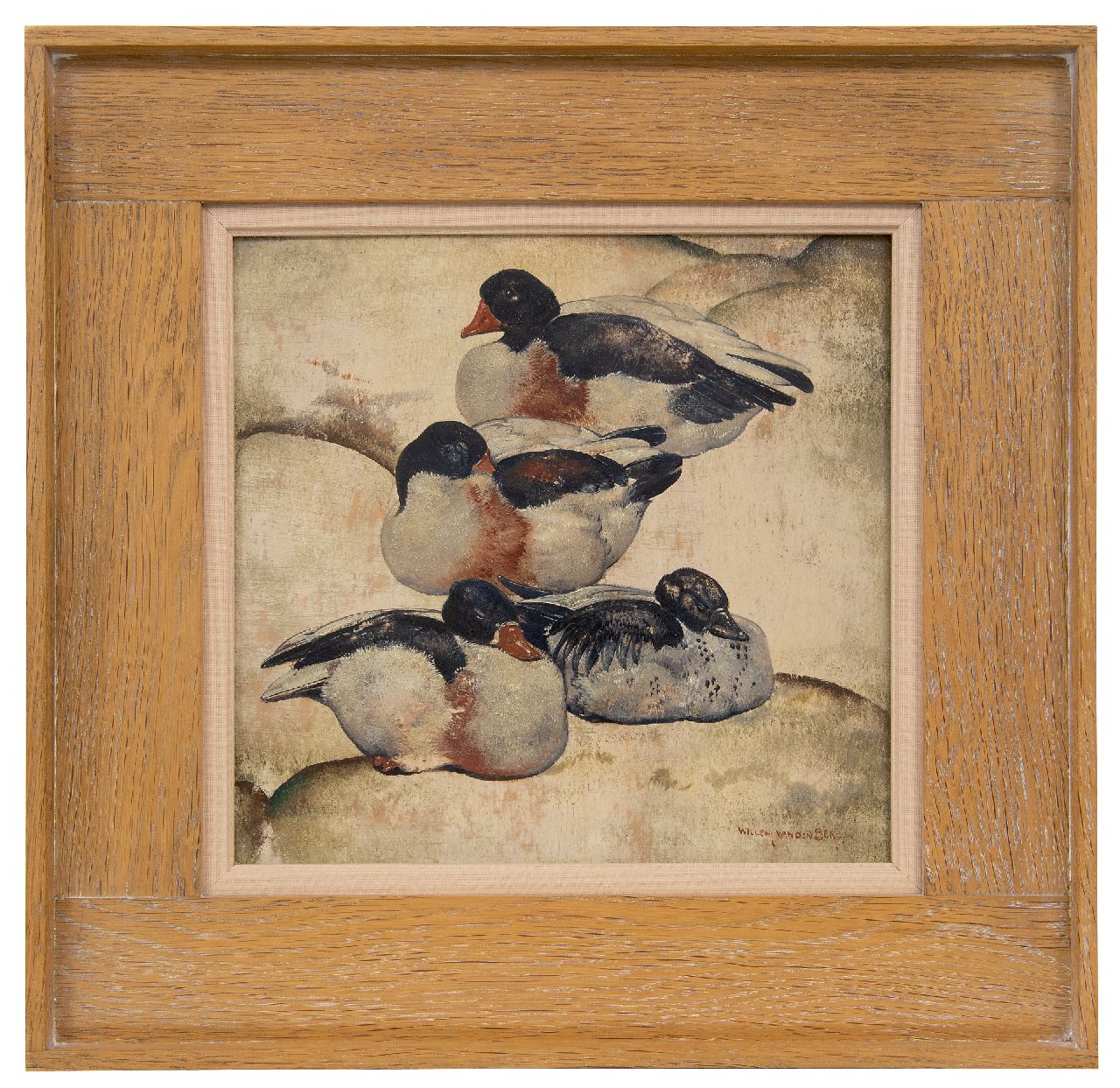Berg W.H. van den | 'Willem' Hendrik van den Berg | Schilderijen te koop aangeboden | Vier eenden, olieverf op paneel 26,4 x 27,5 cm, gesigneerd rechtsonder en verso gedateerd October 1935