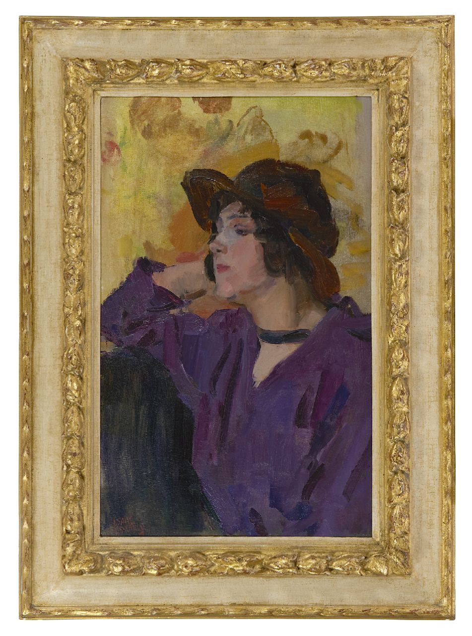 Israels I.L. | 'Isaac' Lazarus Israels, Vrouw in paarse blouse voor Zonnebloemen van Van Gogh, olieverf op doek 65,1 x 40,5 cm, gesigneerd linksonder en te dateren ca. 1917 Israels I.L. | 'Isaac' Lazarus Israels, Vrouw in paarse blouse voor Zonnebloemen van Van Gogh, olieverf op doek 65,1 x 40,5 cm, gesigneerd linksonder en te dateren ca. 1917