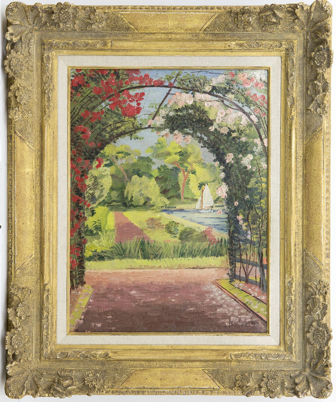 Bieling H.F.  | Hermann Friederich 'Herman' Bieling, Rozenprieel in Plaswijckpark aan het water, olieverf op paneel 39,3 x 30,7 cm, gesigneerd rechtsonder en gedateerd '32