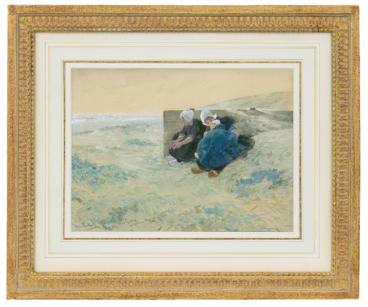 Bartels H. von | Hans von Bartels, Twee vrouwen en kind in de duinen, gouache op papier 29,7 x 40,6 cm, gesigneerd linksonder en gedateerd 'München 1893'