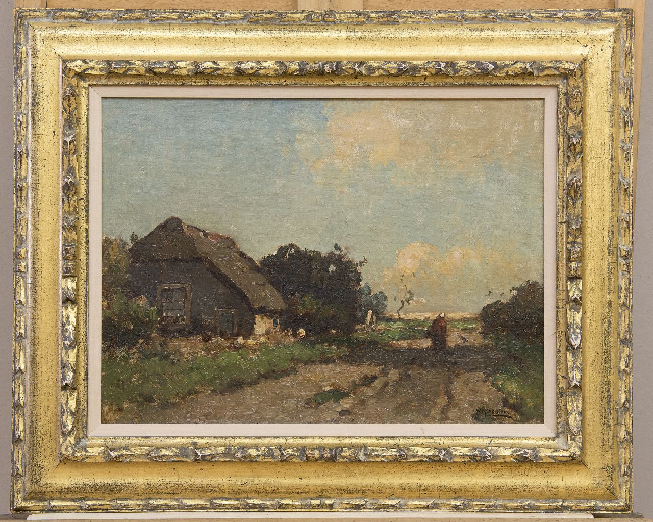 Knikker A. | Aris Knikker, Boerin bij boerderij, olieverf op doek 30,2 x 40,5 cm, gesigneerd rechtsonder gesigneerd met pseudoniem 'W. Markestein' Knikker A. | Aris Knikker, Boerin bij boerderij, olieverf op doek 30,2 x 40,5 cm, gesigneerd rechtsonder gesigneerd met pseudoniem 'W. Markestein'