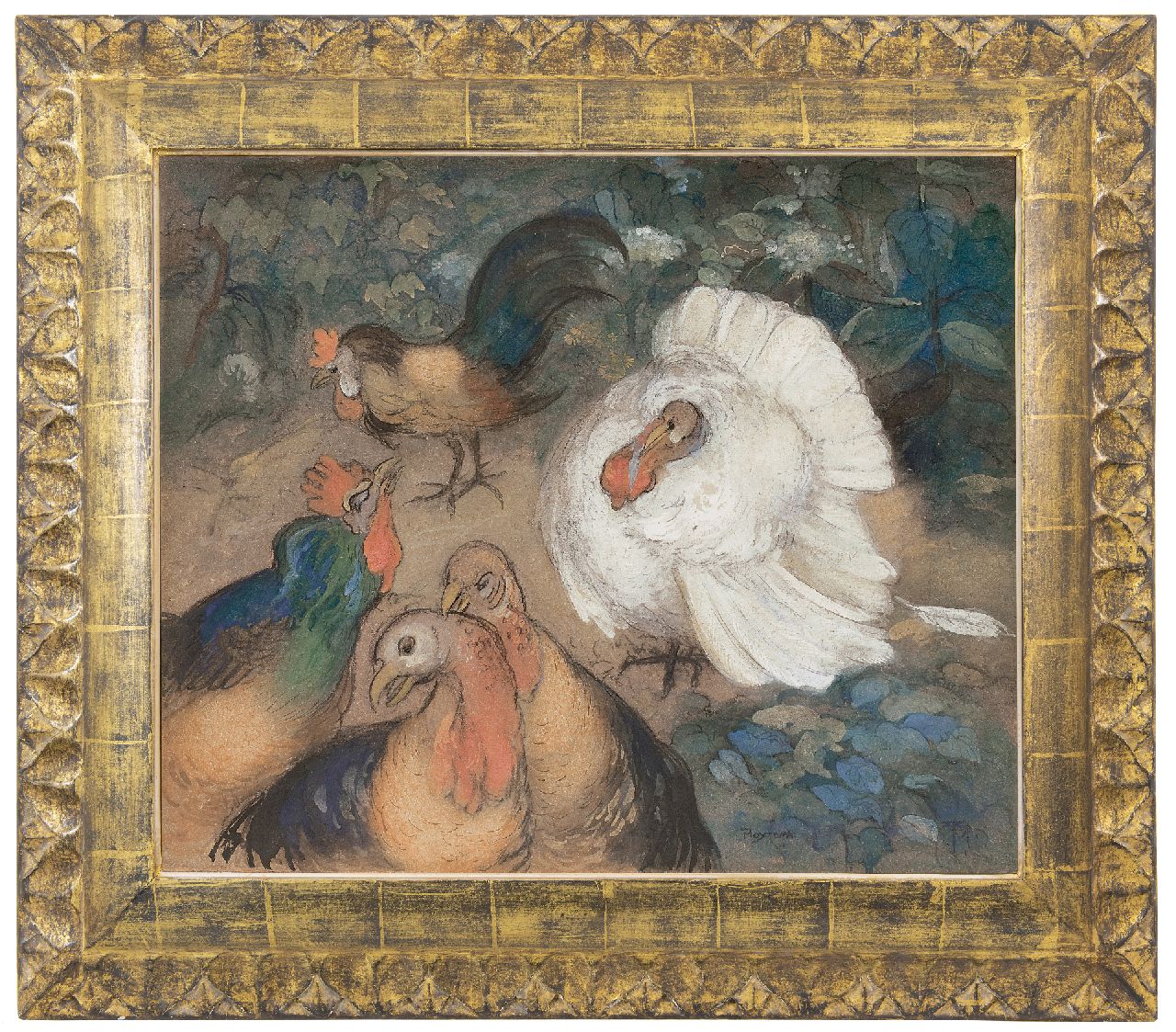 Hoytema Th. van | Theodorus 'Theo' van Hoytema | Aquarellen en tekeningen te koop aangeboden | Pluimvee, krijt en aquarel op board 49,6 x 59,6 cm, gesigneerd rechtsonder met monogram en voluit