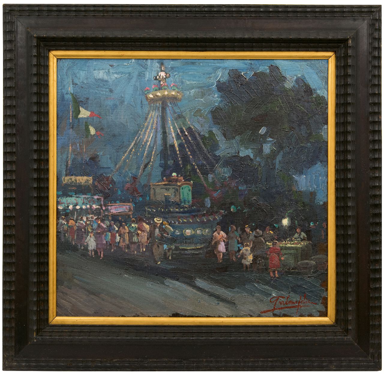 Giordano F.  | Felice Giordano | Schilderijen te koop aangeboden | Draaimolen bij avond, olieverf op doek op board 47,8 x 50,8 cm, gesigneerd rechtsonder