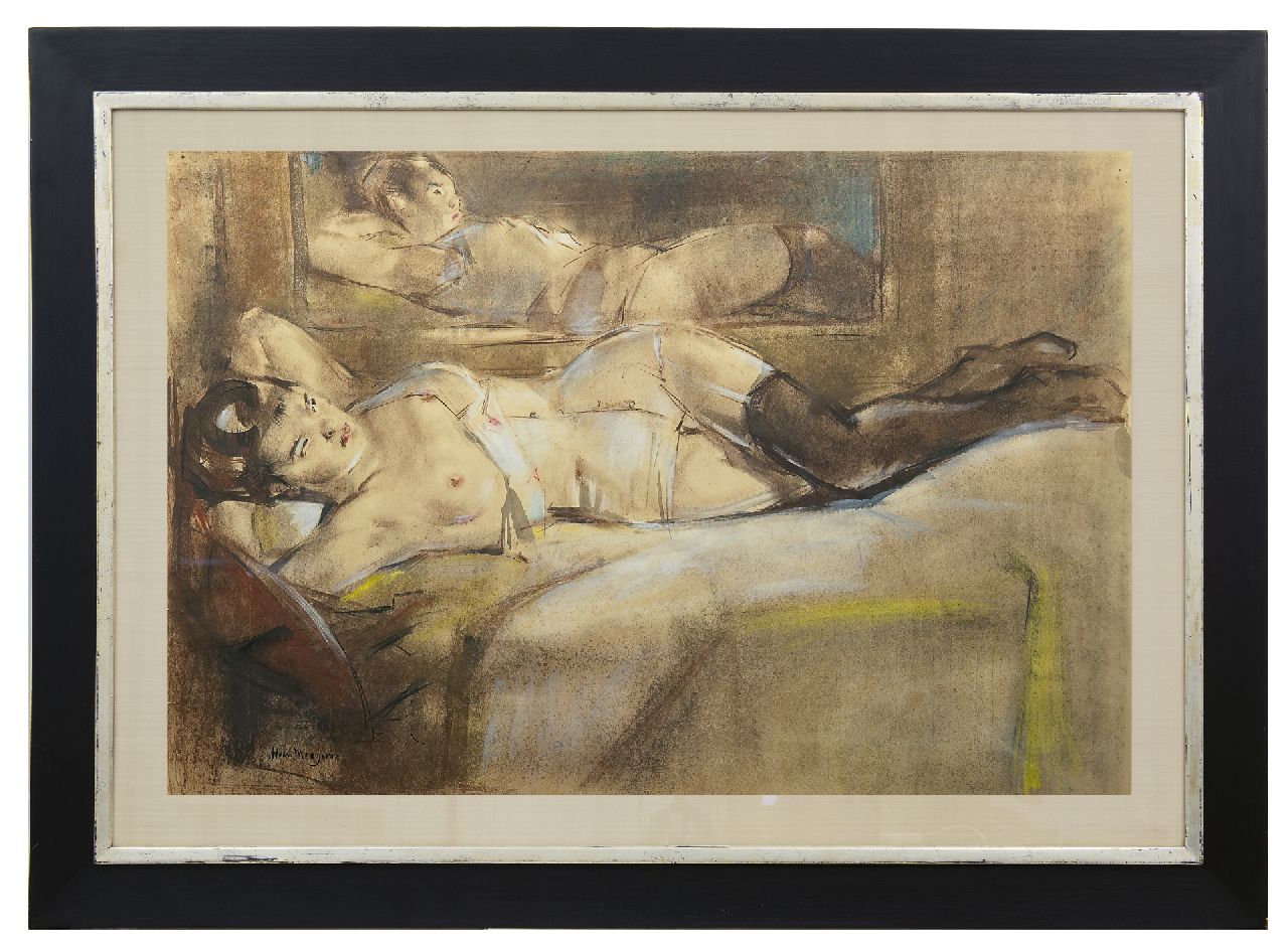 Meegeren H.A. van | Henricus Antonius 'Han' van Meegeren, Liggend naakt voor een spiegel, pastel op papier 61,0 x 95,0 cm, gesigneerd linksonder Meegeren H.A. van | Henricus Antonius 'Han' van Meegeren, Liggend naakt voor een spiegel, pastel op papier 61,0 x 95,0 cm, gesigneerd linksonder
