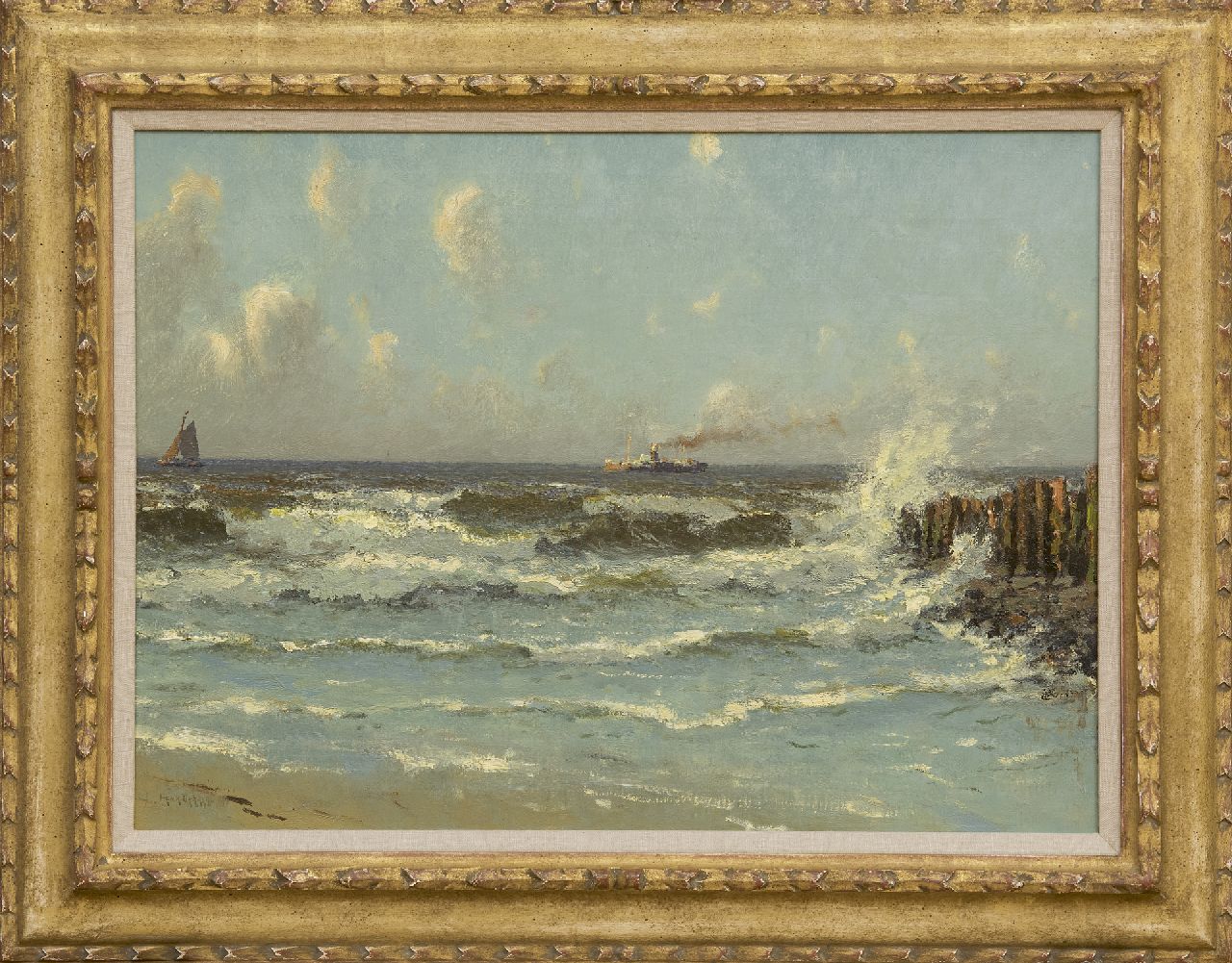 Dekker H.N. | Henricus Nicolaas 'Henk' Dekker | Schilderijen te koop aangeboden | Schepen voor de Noordzeekust, olieverf op doek 43,0 x 58,0 cm, gesigneerd linksonder Dekker H.N. | Henricus Nicolaas 'Henk' Dekker | Schilderijen te koop aangeboden | Schepen voor de Noordzeekust, olieverf op doek 43,0 x 58,0 cm, gesigneerd linksonder