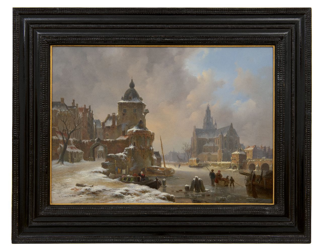Hove B.J. van | Bartholomeus Johannes 'Bart' van Hove, Winters stadsgezicht met bevroren rivier, olieverf op paneel 34,2 x 48,5 cm, gesigneerd linksonder Hove B.J. van | Bartholomeus Johannes 'Bart' van Hove, Winters stadsgezicht met bevroren rivier, olieverf op paneel 34,2 x 48,5 cm, gesigneerd linksonder