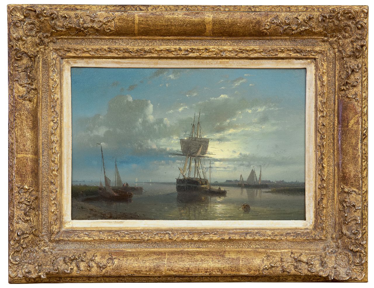 Hulk A. | Abraham Hulk, Schepen voor anker bij zonsondergang, olieverf op paneel 16,6 x 25,3 cm, gesigneerd linksonder Hulk A. | Abraham Hulk, Schepen voor anker bij zonsondergang, olieverf op paneel 16,6 x 25,3 cm, gesigneerd linksonder