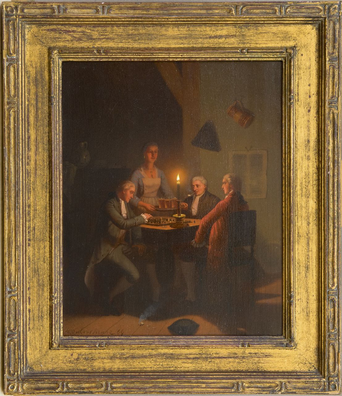 Culverhouse J.M. | Johan Mengels Culverhouse | Schilderijen te koop aangeboden | Drie bier voor de schaakspelers bij kaarslicht, olieverf op paneel 26,8 x 21,3 cm, gesigneerd linksonder en gedateerd '64 Culverhouse J.M. | Johan Mengels Culverhouse | Schilderijen te koop aangeboden | Drie bier voor de schaakspelers bij kaarslicht, olieverf op paneel 26,8 x 21,3 cm, gesigneerd linksonder en gedateerd '64