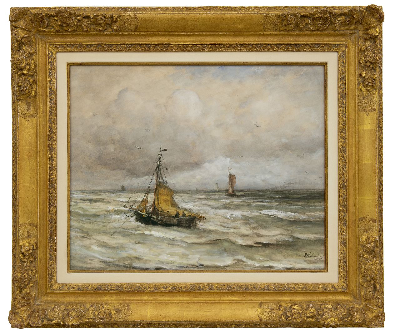 Mesdag H.W. | Hendrik Willem Mesdag, Voor anker in de branding, aquarel en gouache op papier 44,5 x 55,4 cm, gesigneerd r.o Mesdag H.W. | Hendrik Willem Mesdag, Voor anker in de branding, aquarel en gouache op papier 44,5 x 55,4 cm, gesigneerd r.o