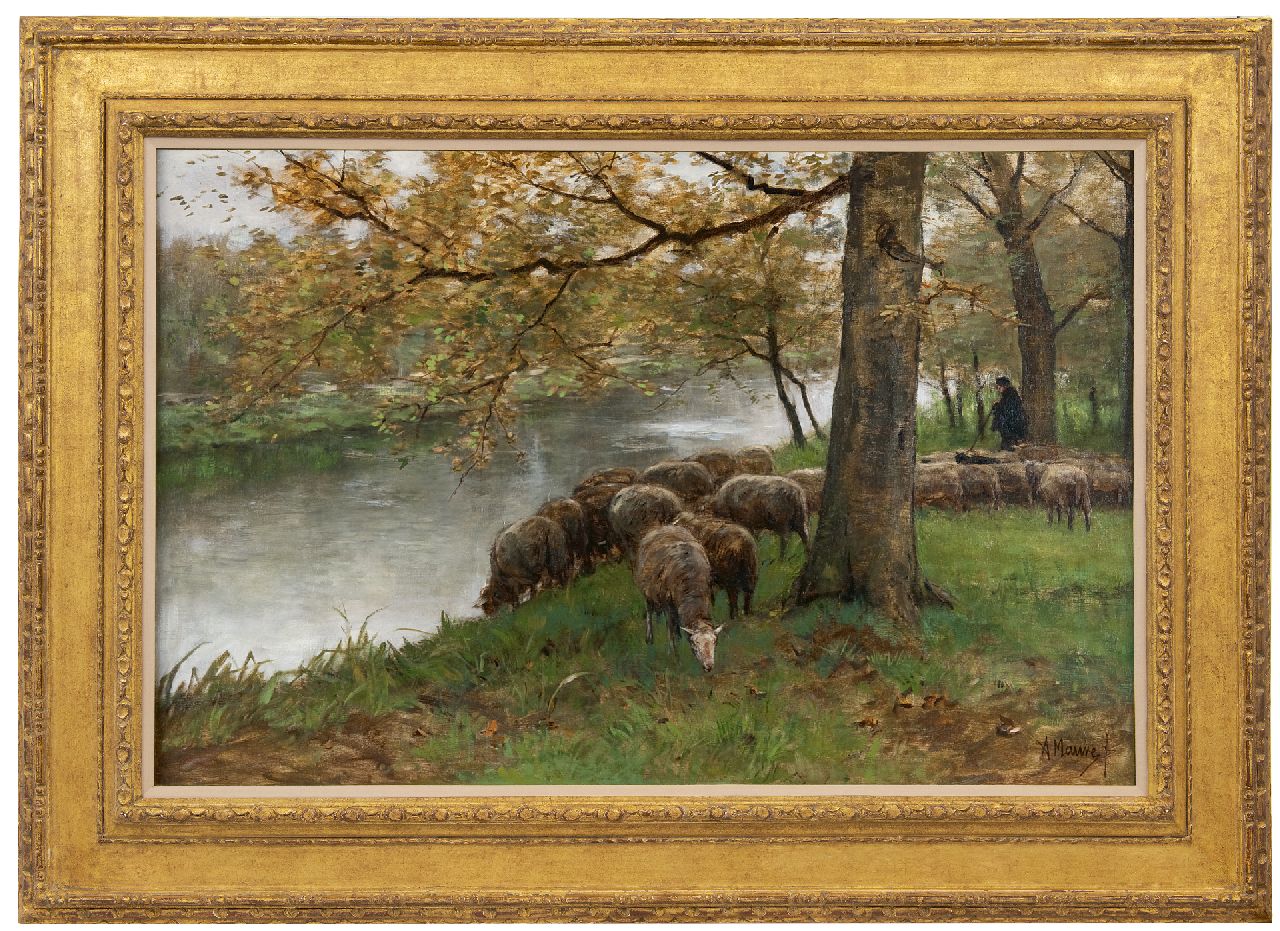 Mauve A.  | Anthonij 'Anton' Mauve, Drinkende schapen bij een rivier, olieverf op doek 60,5 x 90,2 cm, gesigneerd rechtsonder en te dateren ca. 1877