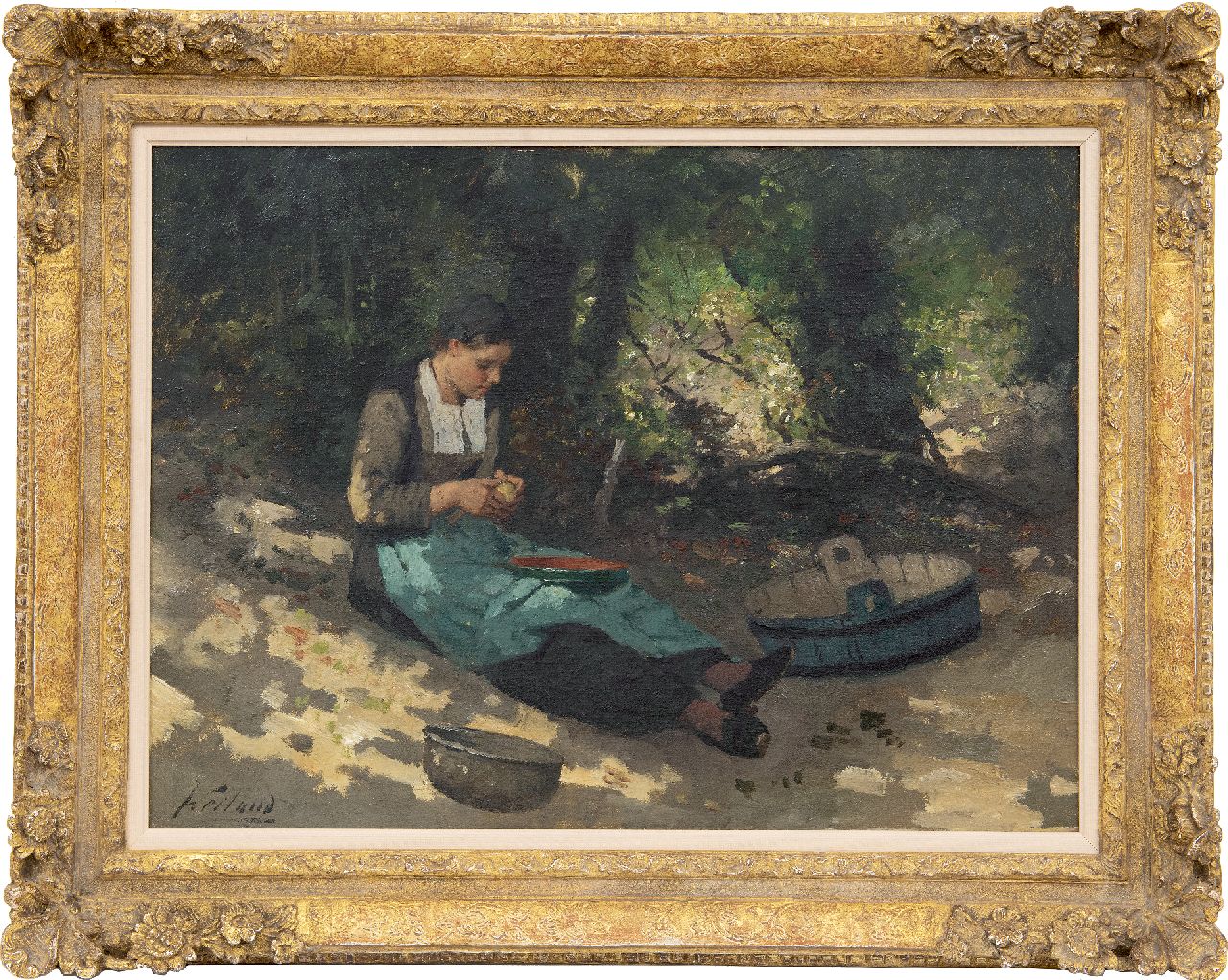 Weiland J. | Johannes Weiland, Aardappels schillen, olieverf op doek 40,3 x 55,4 cm, gesigneerd linksonder Weiland J. | Johannes Weiland, Aardappels schillen, olieverf op doek 40,3 x 55,4 cm, gesigneerd linksonder
