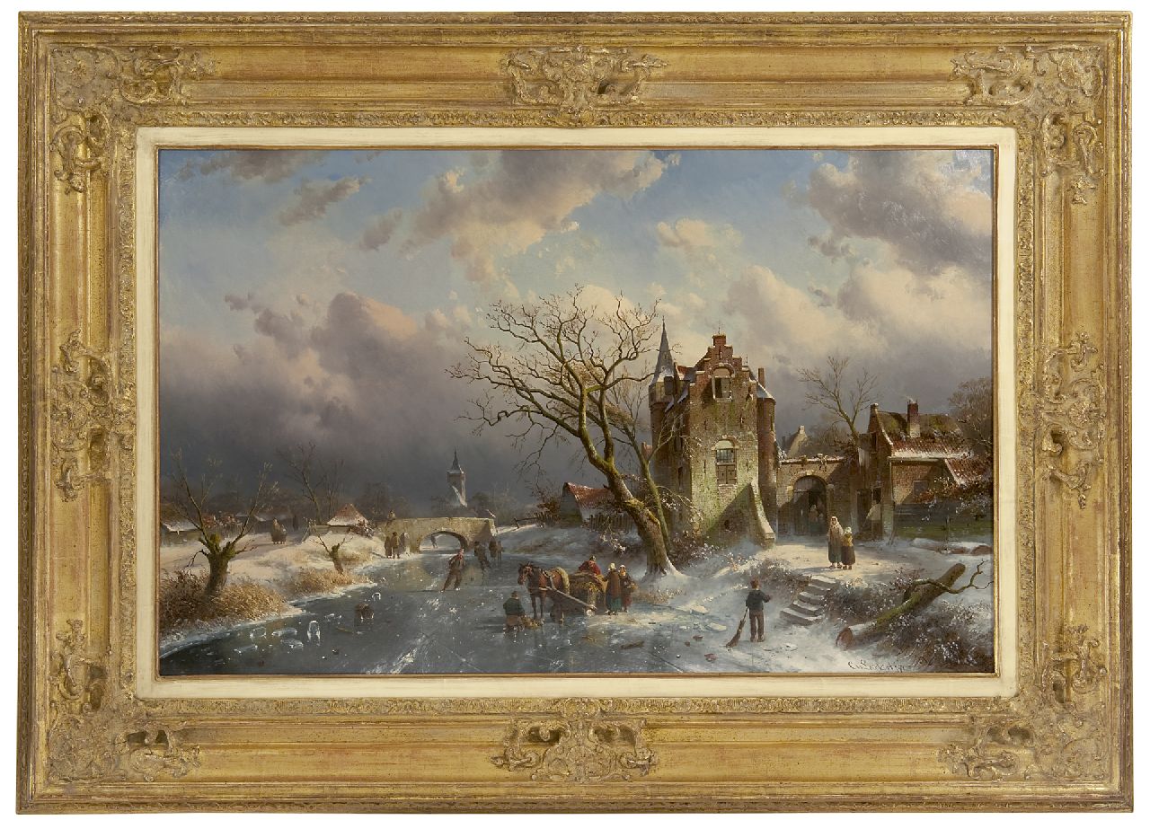Leickert C.H.J.  | 'Charles' Henri Joseph Leickert, Schaatsers op een dorpsvaart, olieverf op doek 63,7 x 100,0 cm, gesigneerd rechtsonder en gedateerd '71
