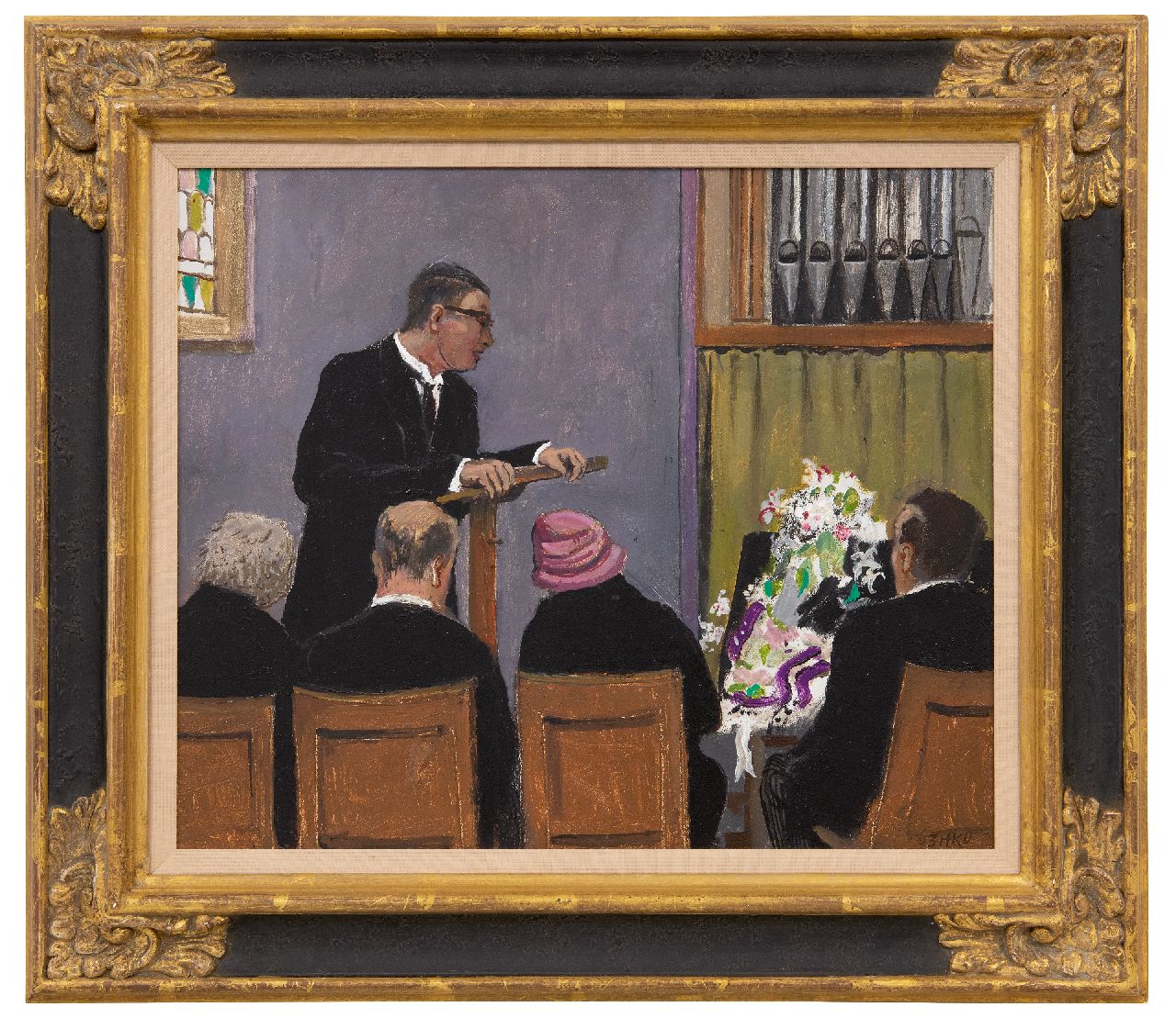 Kamerlingh Onnes H.H.  | 'Harm' Henrick Kamerlingh Onnes, De herdenking, olieverf op board 34,1 x 40,8 cm, gesigneerd rechtsonder met monogram en gedateerd '63