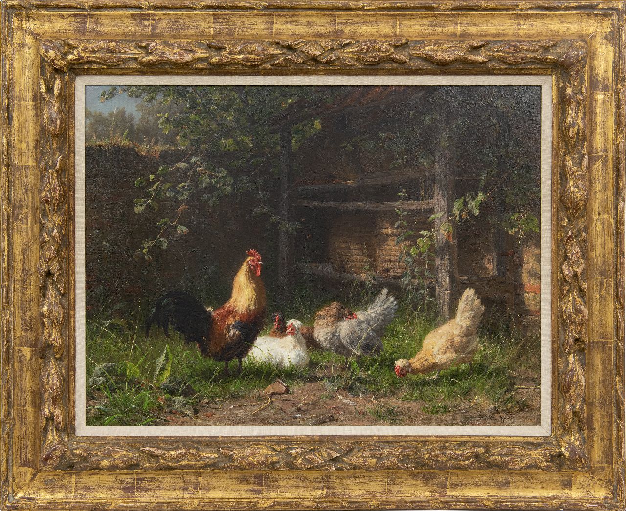 Jutz C. | Carl Jutz, Haan en kippen bij bijenkorven, olieverf op doek 43,0 x 58,0 cm, gesigneerd rechtsonder Jutz C. | Carl Jutz, Haan en kippen bij bijenkorven, olieverf op doek 43,0 x 58,0 cm, gesigneerd rechtsonder