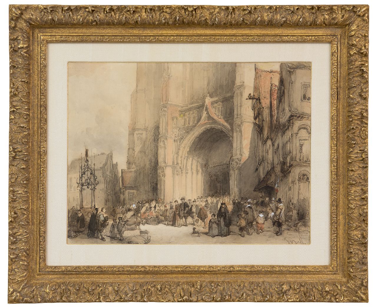 Bosboom J.  | Johannes Bosboom, Na de mis in de kathedraal van Antwerpen, inkt, krijt en aquarel op papier 30,7 x 40,7 cm, gesigneerd rechtsonder