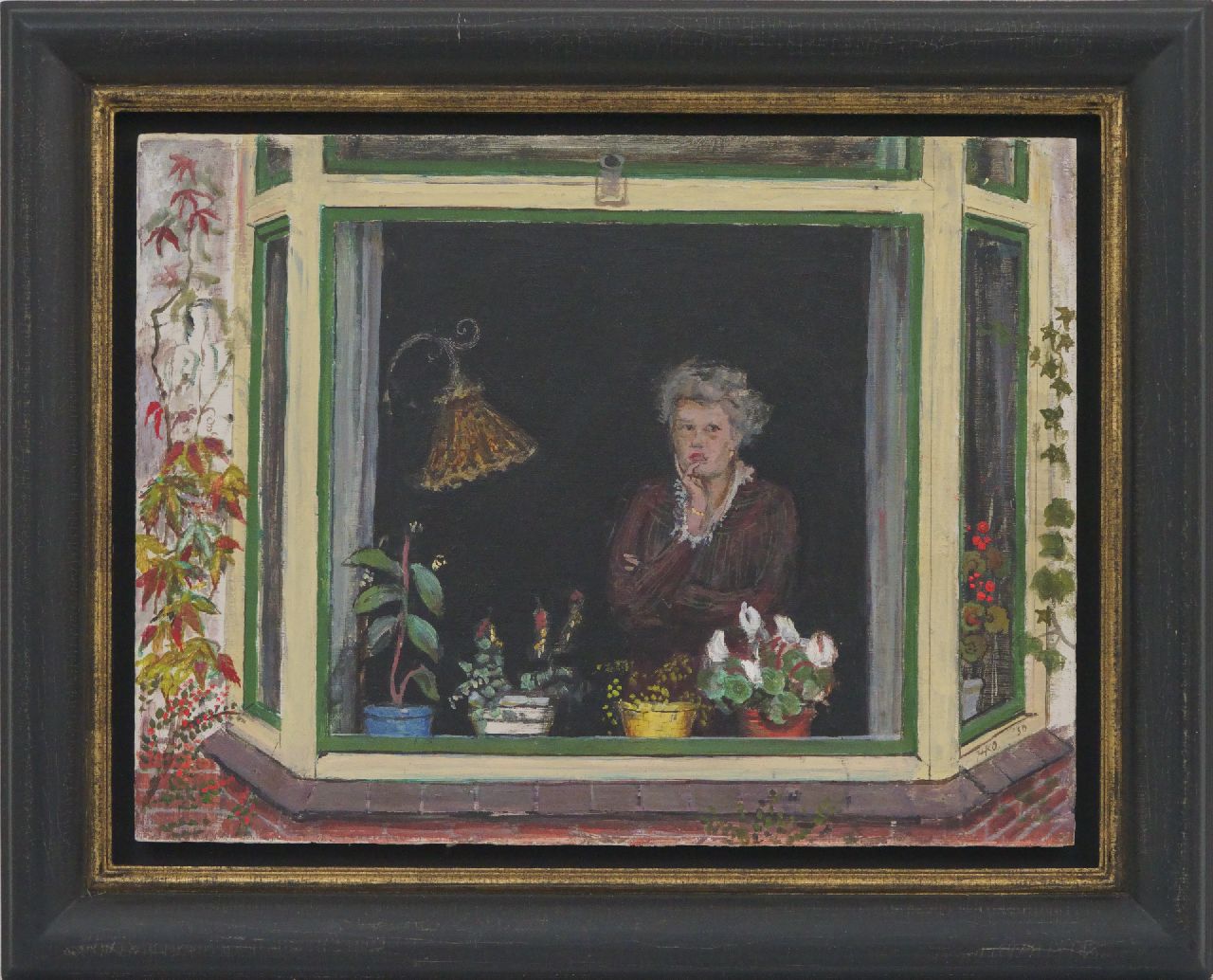 Kamerlingh Onnes H.H.  | 'Harm' Henrick Kamerlingh Onnes, Vrouw in erker, olieverf op board 30,2 x 40,0 cm, gesigneerd rechtsonder met monogram en gedateerd '50