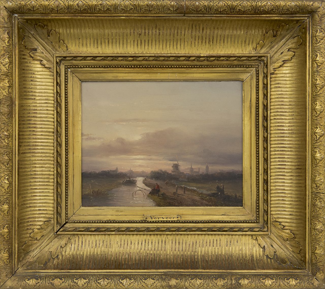 Verveer S.L.  | 'Salomon' Leonardus Verveer | Schilderijen te koop aangeboden | Twee vissers aan een vaart bij ondergaande zon, olieverf op paneel 17,5 x 23,2 cm, gesigneerd rechtsonder