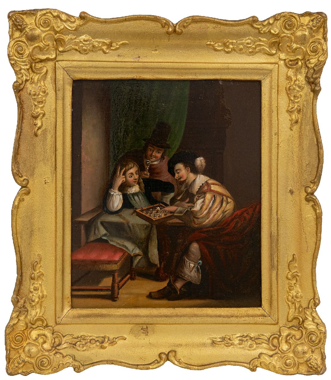 Hollandse School, 19e eeuw   | Hollandse School, 19e eeuw | Schilderijen te koop aangeboden | Schaakmat, olieverf op koper 20,4 x 17,1 cm, gesigneerd rechtsonder (vaag)