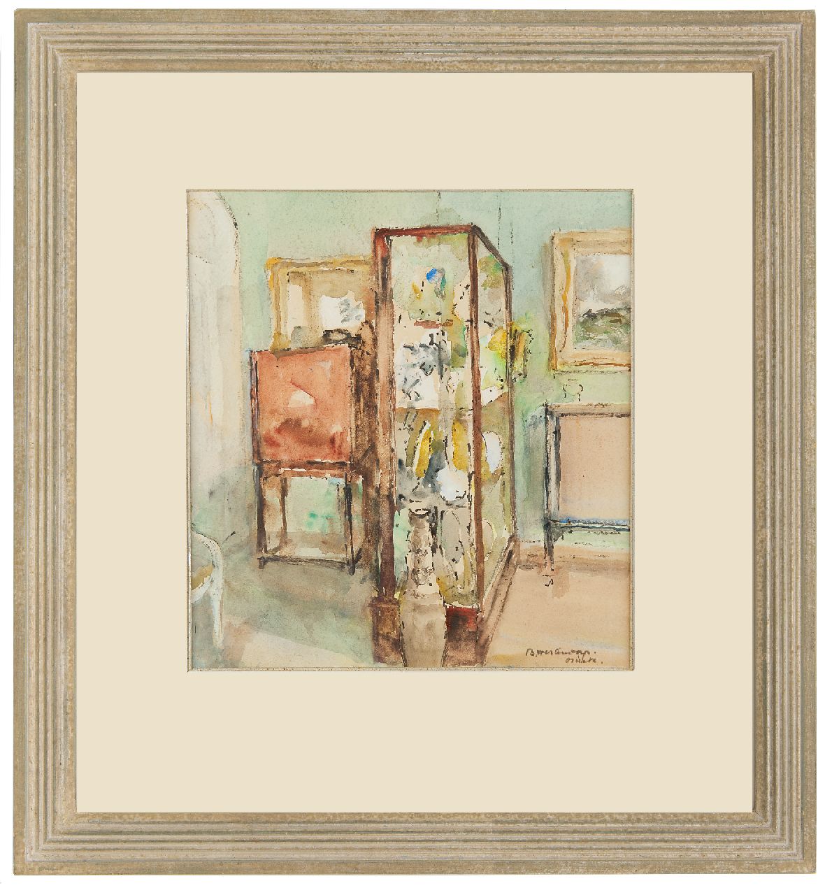 Westendorp-Osieck J.E. | Johanna Elisabeth 'Betsy' Westendorp-Osieck | Aquarellen en tekeningen te koop aangeboden | Interieur met vitrine, aquarel op papier 32,0 x 30,0 cm, gesigneerd rechtsonder Westendorp-Osieck J.E. | Johanna Elisabeth 'Betsy' Westendorp-Osieck | Aquarellen en tekeningen te koop aangeboden | Interieur met vitrine, aquarel op papier 32,0 x 30,0 cm, gesigneerd rechtsonder
