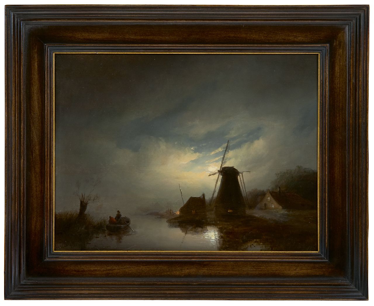 Vester W.  | Willem Vester | Schilderijen te koop aangeboden | Rivierlandschap met molen bij maanlicht, olieverf op paneel 28,1 x 37,2 cm, gesigneerd linksonder