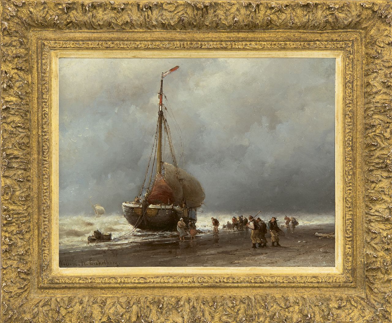 Eickelberg W.H.  | Willem Hendrik Eickelberg | Schilderijen te koop aangeboden | Het uitladen van de vangst bij storm, olieverf op paneel 26,8 x 35,0 cm, gesigneerd linksonder