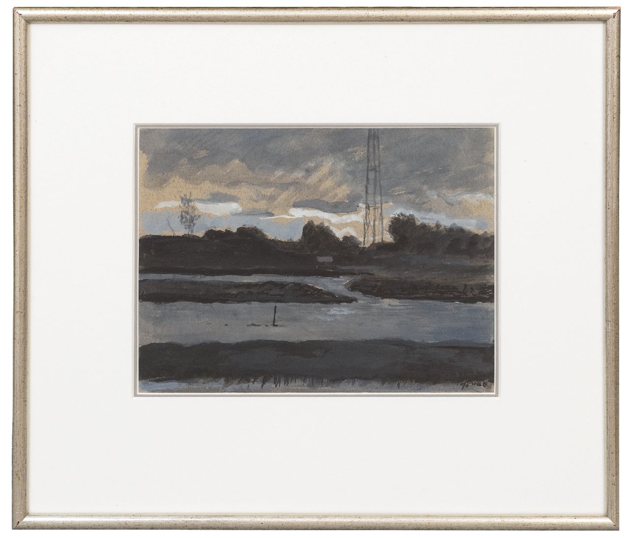 Kamerlingh Onnes H.H.  | 'Harm' Henrick Kamerlingh Onnes, Rivierlandschap, gouache op papier 22,0 x 29,0 cm, gesigneerd rechtsonder met monogram en gedateerd '70