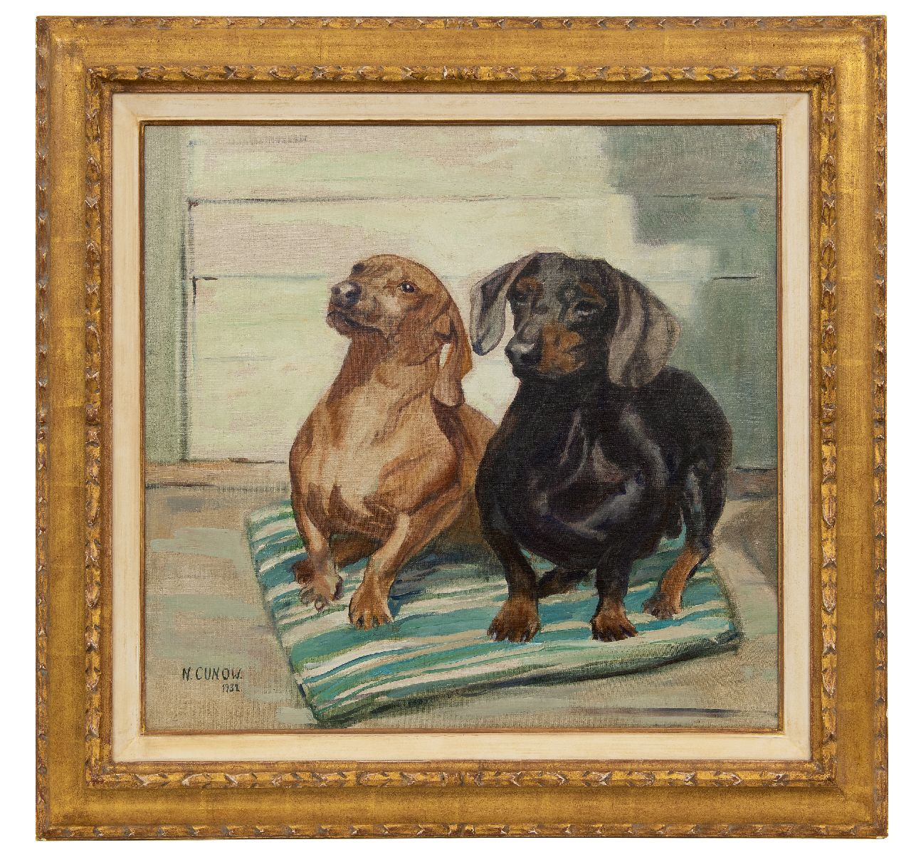 Cunow-Deetjen N.  | Nelly Cunow-Deetjen | Schilderijen te koop aangeboden | Twee kortharige teckels, olieverf op doek 54,0 x 56,5 cm, gesigneerd linksonder en gedateerd 1932